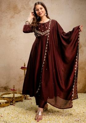 Coffee Thread Work Silk Kurta Set