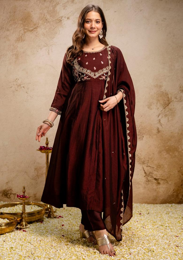Coffee Thread Work Silk Kurta Set - Indya