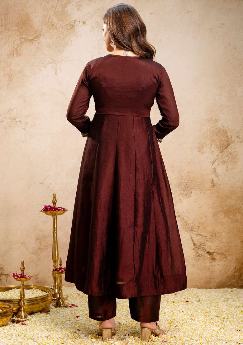 Coffee Thread Work Silk Kurta Set - Indya