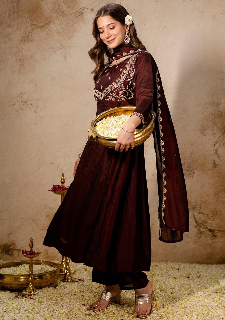 Coffee Thread Work Silk Kurta Set - Indya