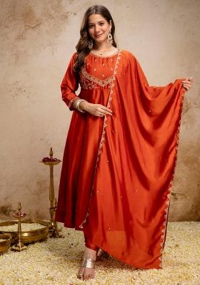 Orange Thread Work Silk Kurta Set
