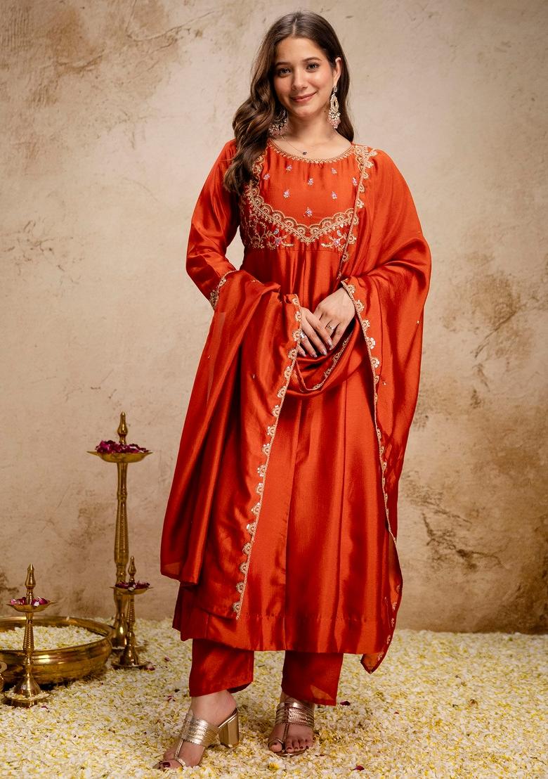 Orange Thread Work Silk Kurta Set - Indya