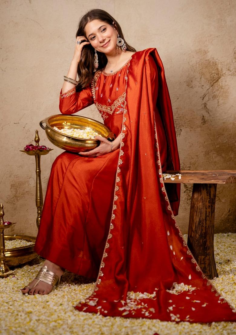 Orange Thread Work Silk Kurta Set - Indya