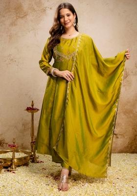 Green Thread Work Silk Kurta Set