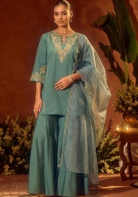 Sea Green Thread Work Silk Kurta Set