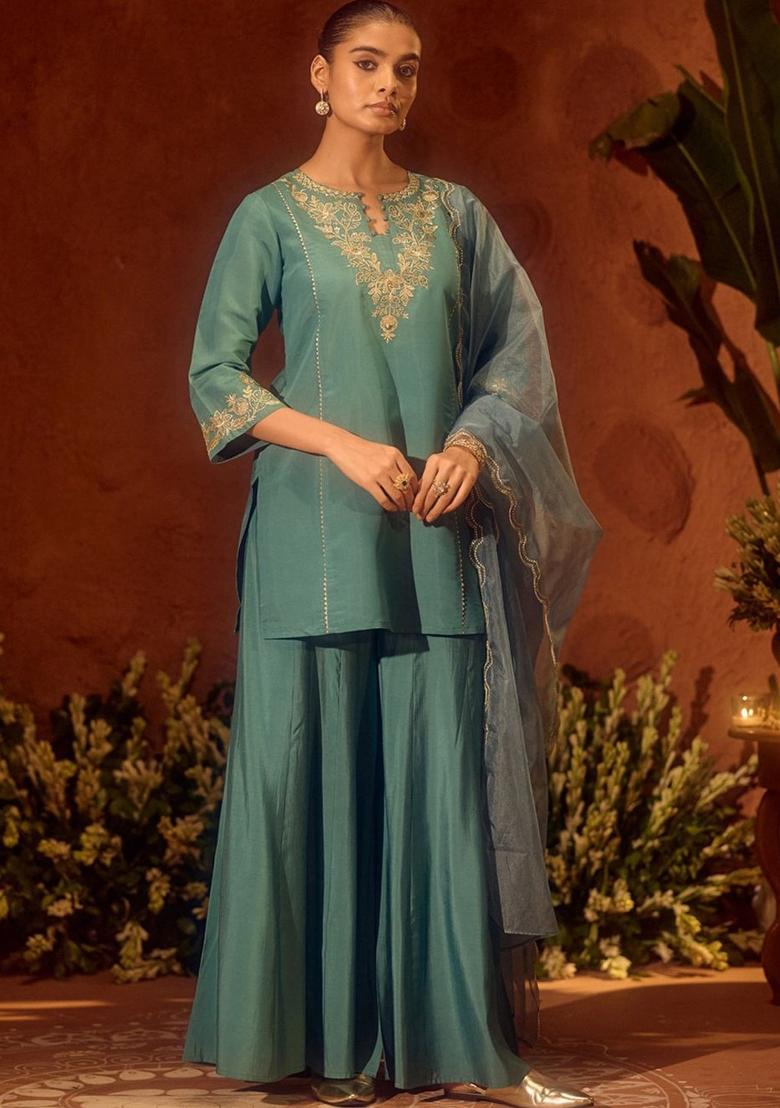 Sea Green Thread Work Silk Kurta Set - Indya