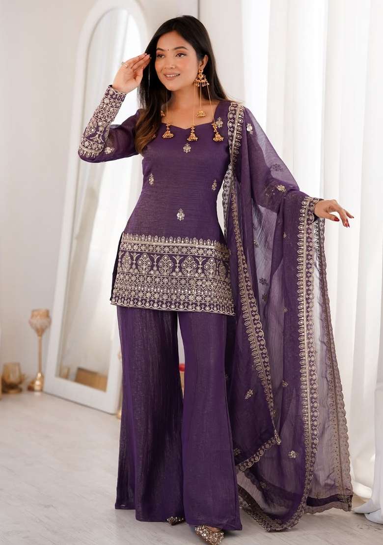 Purple Thread Work Silk Kurta Set - Indya