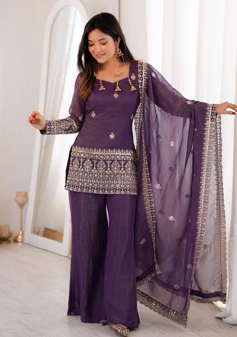 Purple Thread Work Silk Kurta Set - Indya