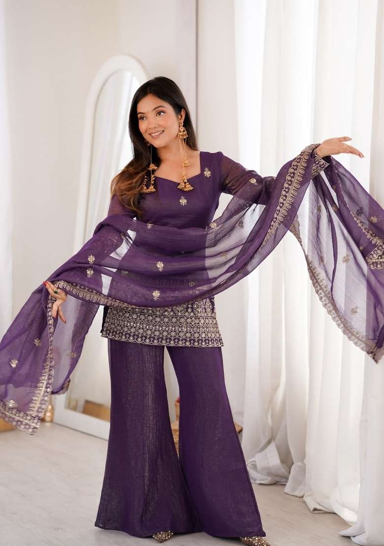 Purple Thread Work Silk Kurta Set - Indya