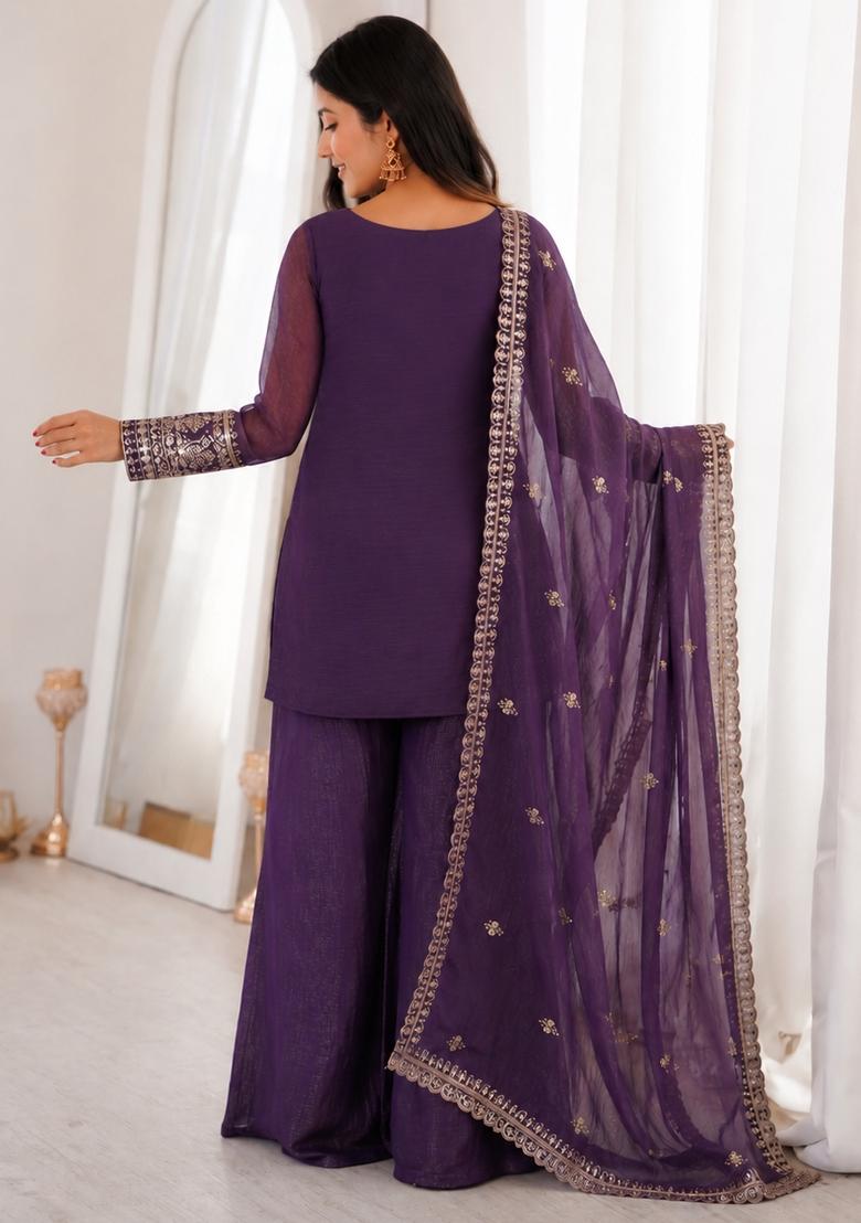 Purple Thread Work Silk Kurta Set - Indya