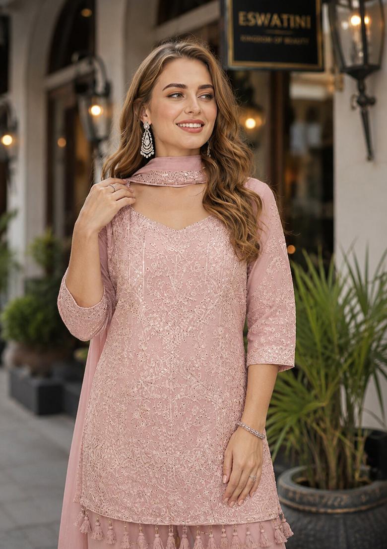Pink Embroidered Georgette Kurta Set - Indya
