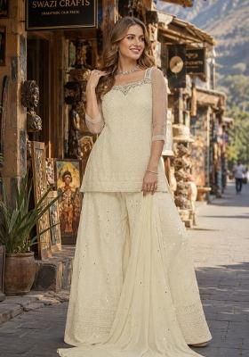 Off White Embroidered Georgette Kurta Set