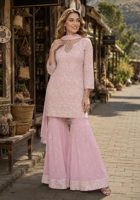 Light Pink Embroidered Georgette Kurta Set
