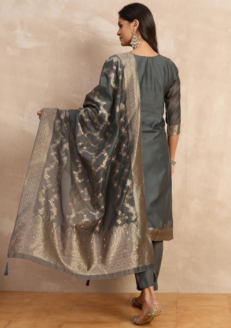 Grey Zari Work Silk Kurta Set - Indya