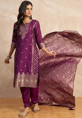 Purple Zari Work Silk Kurta Set