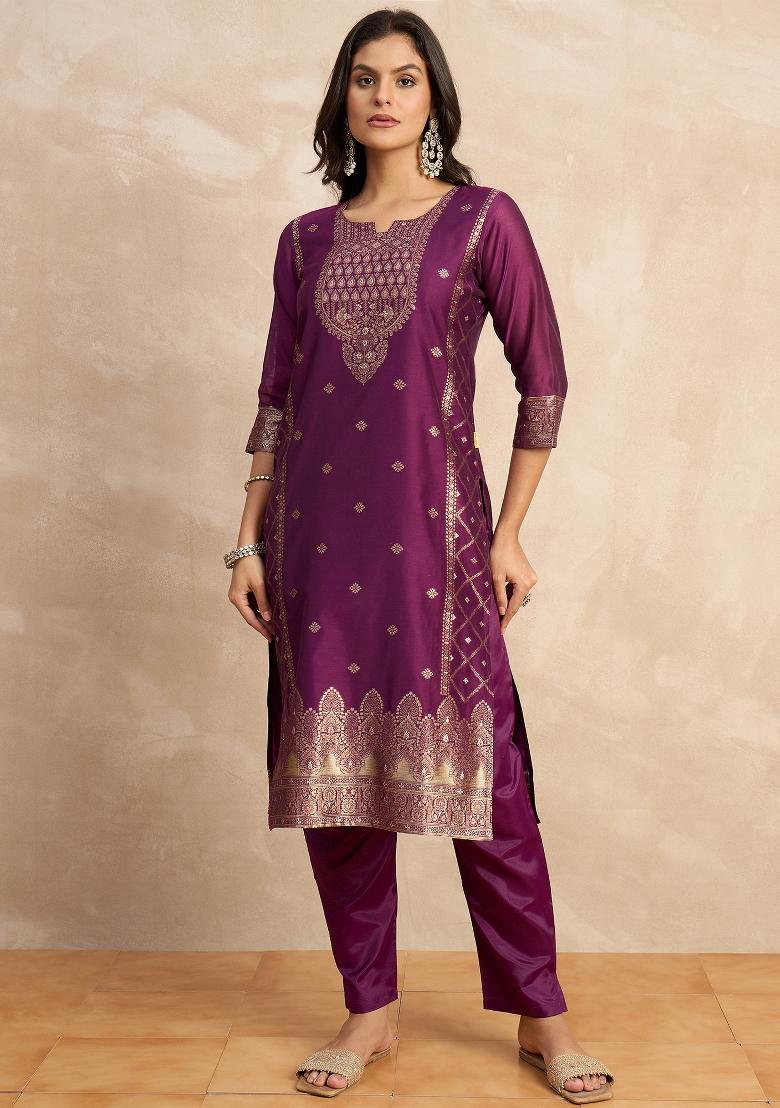 Purple Zari Work Silk Kurta Set - Indya