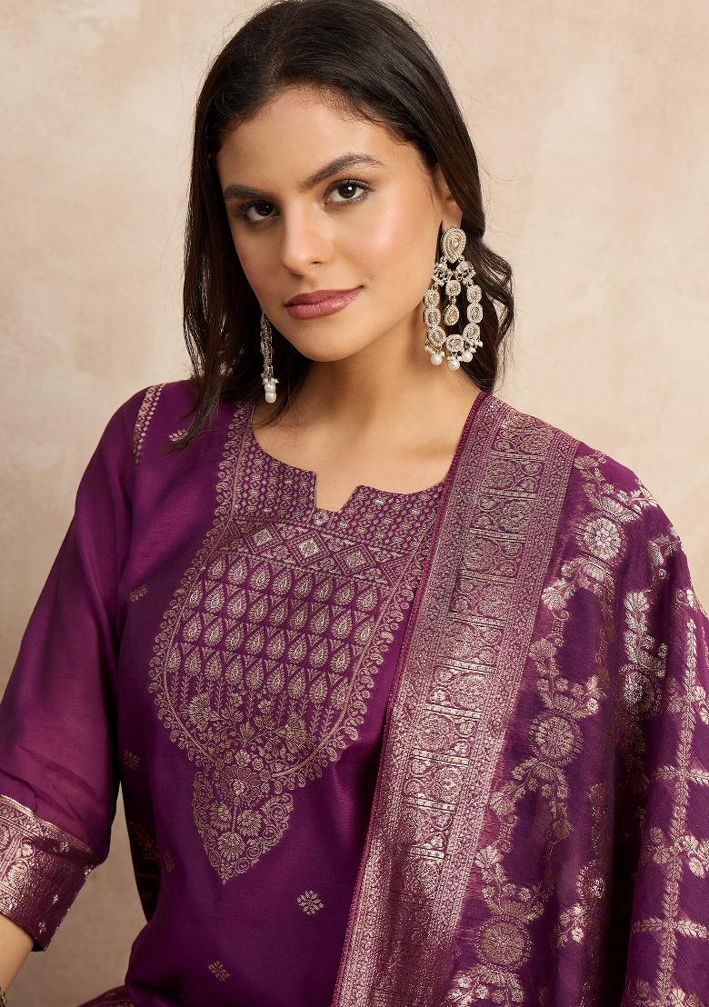 Purple Zari Work Silk Kurta Set - Indya