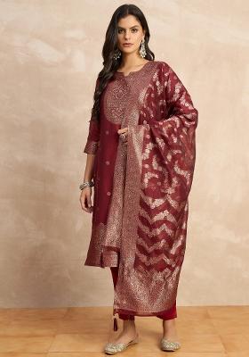 Red Zari Work Silk Kurta Set