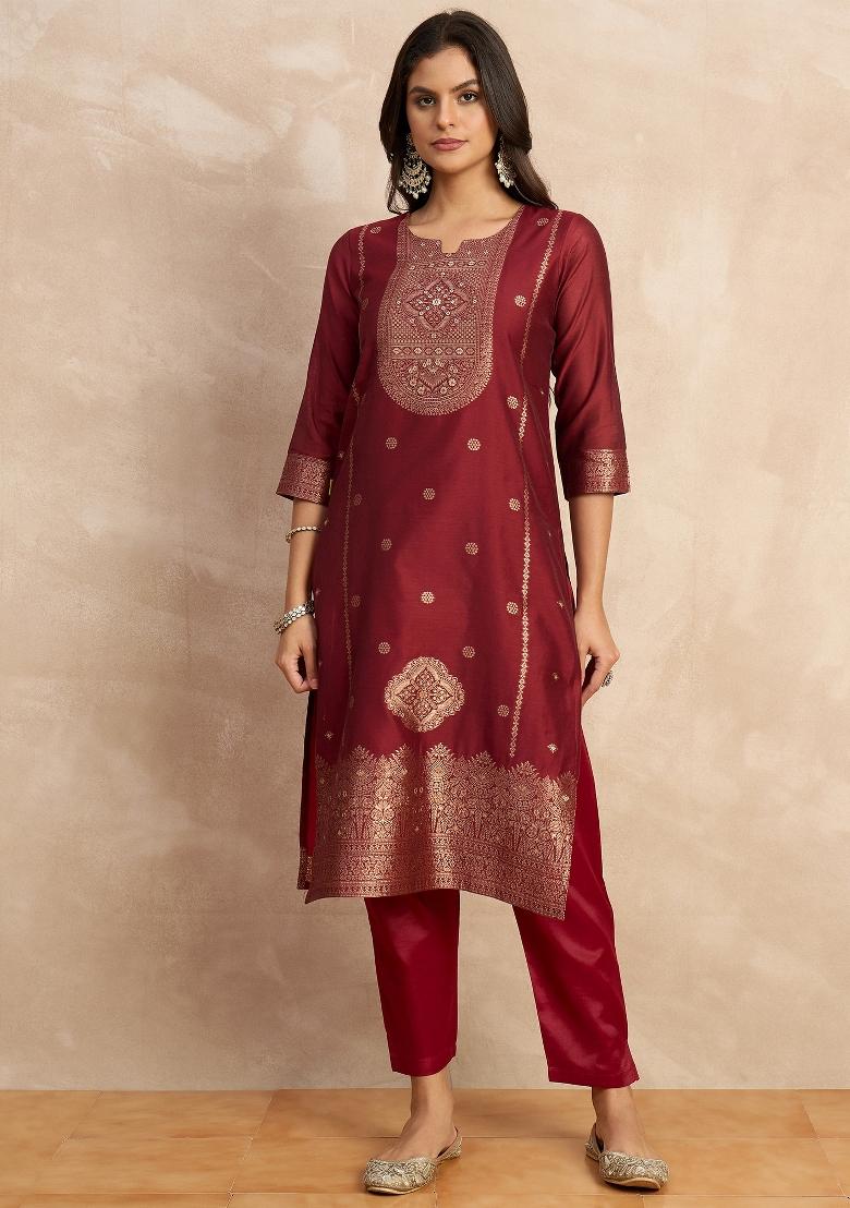 Red Zari Work Silk Kurta Set - Indya