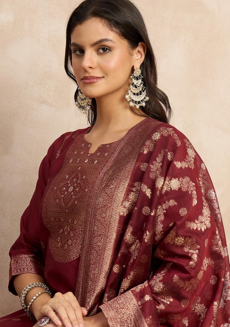 Red Zari Work Silk Kurta Set - Indya