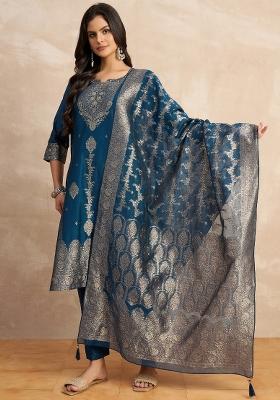 Teal Blue Zari Work Silk Kurta Set
