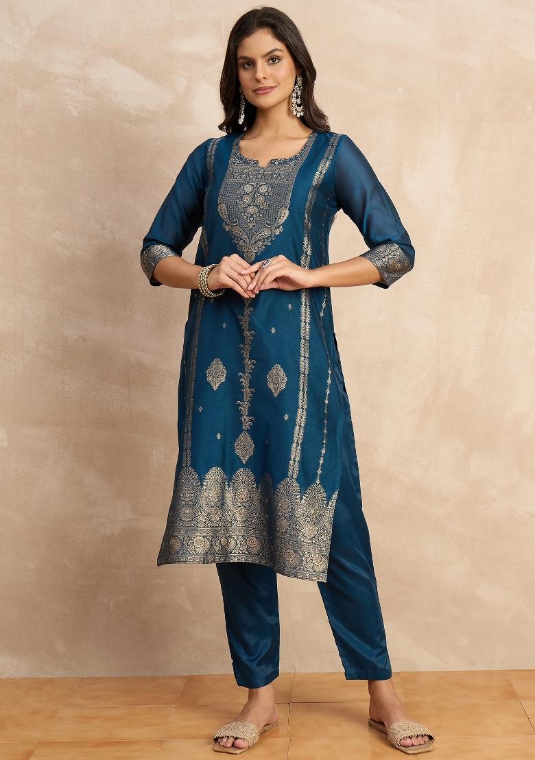 Teal Blue Zari Work Silk Kurta Set - Indya