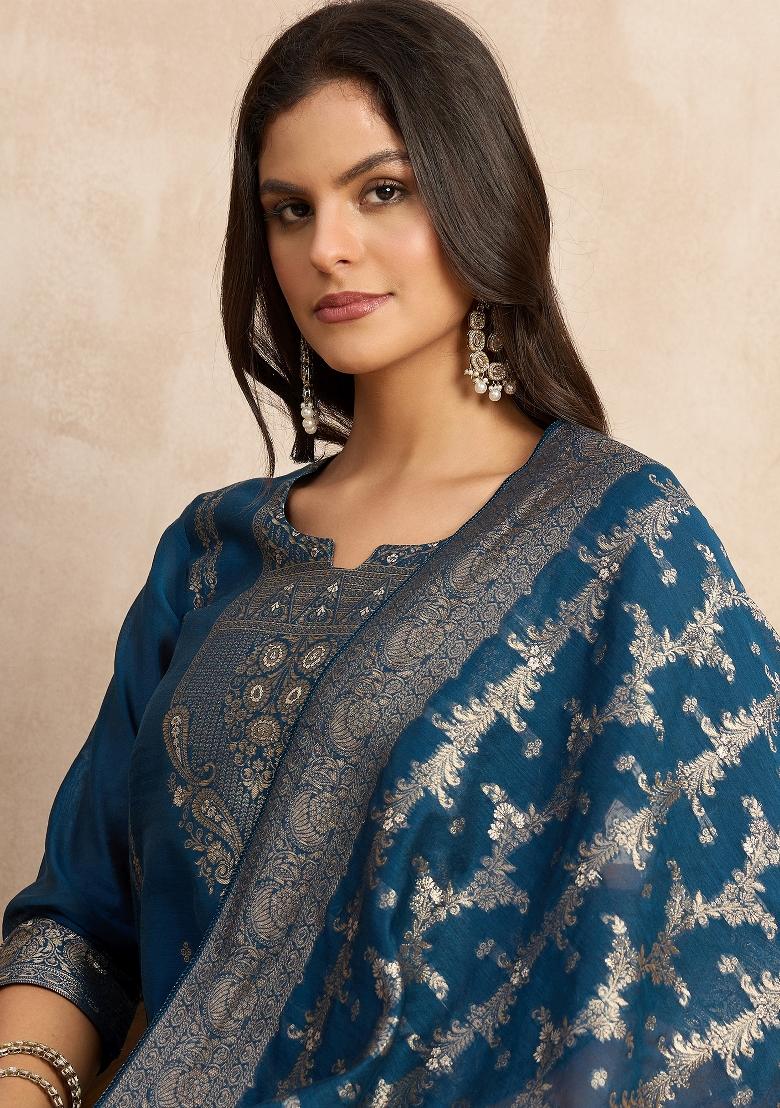 Teal Blue Zari Work Silk Kurta Set - Indya