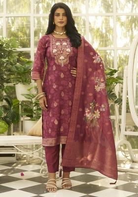 Maroon Embroidery Silk Kurta Set