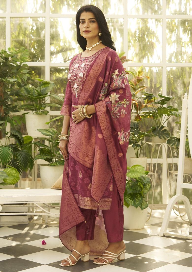 Maroon Embroidery Silk Kurta Set - Indya