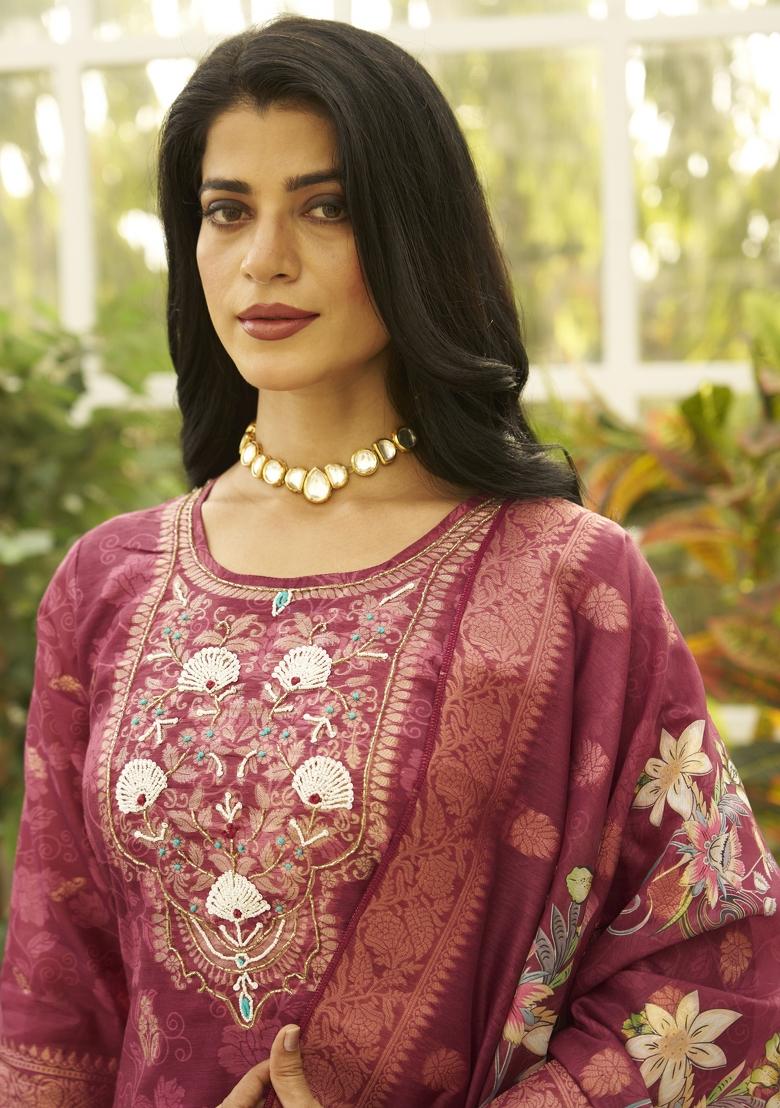 Maroon Embroidery Silk Kurta Set - Indya