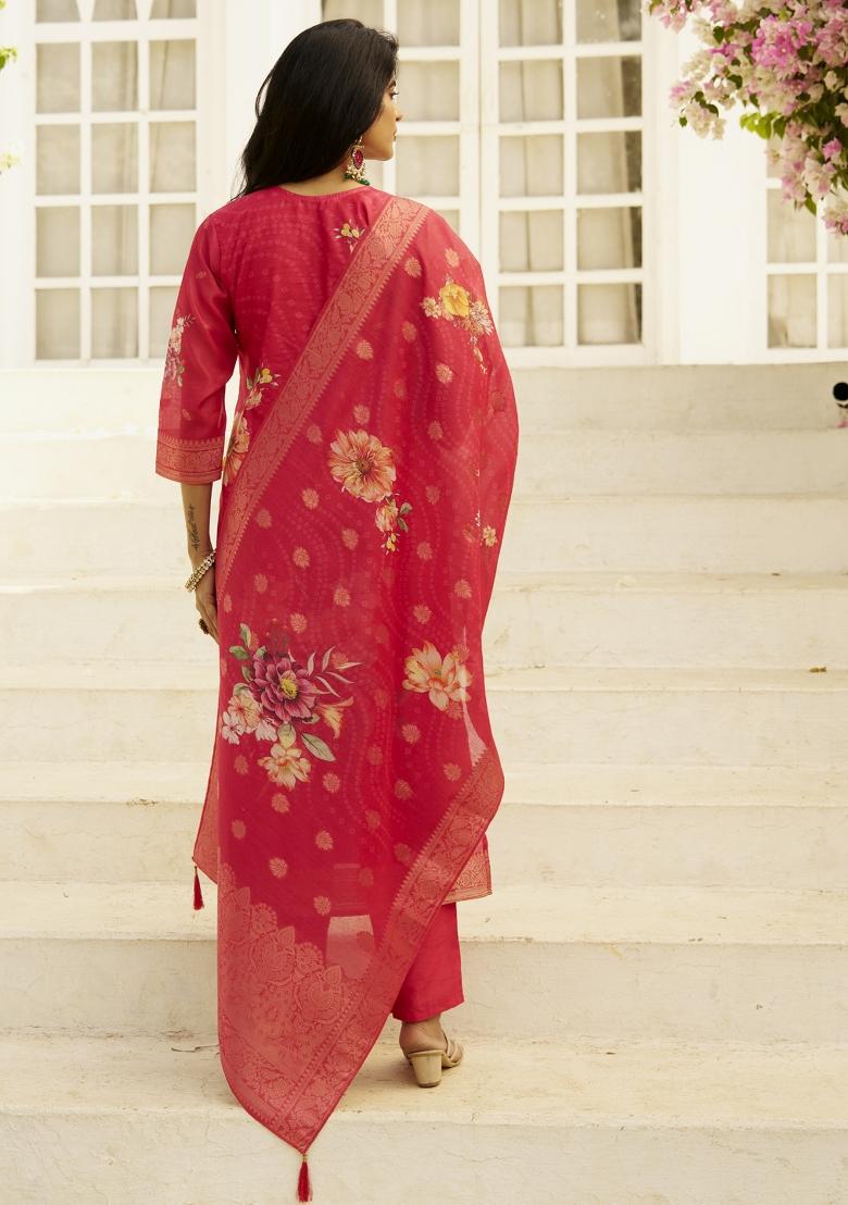 Pink Embroidery Silk Kurta Set - Indya