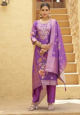 Purple Embroidery Silk Kurta Set