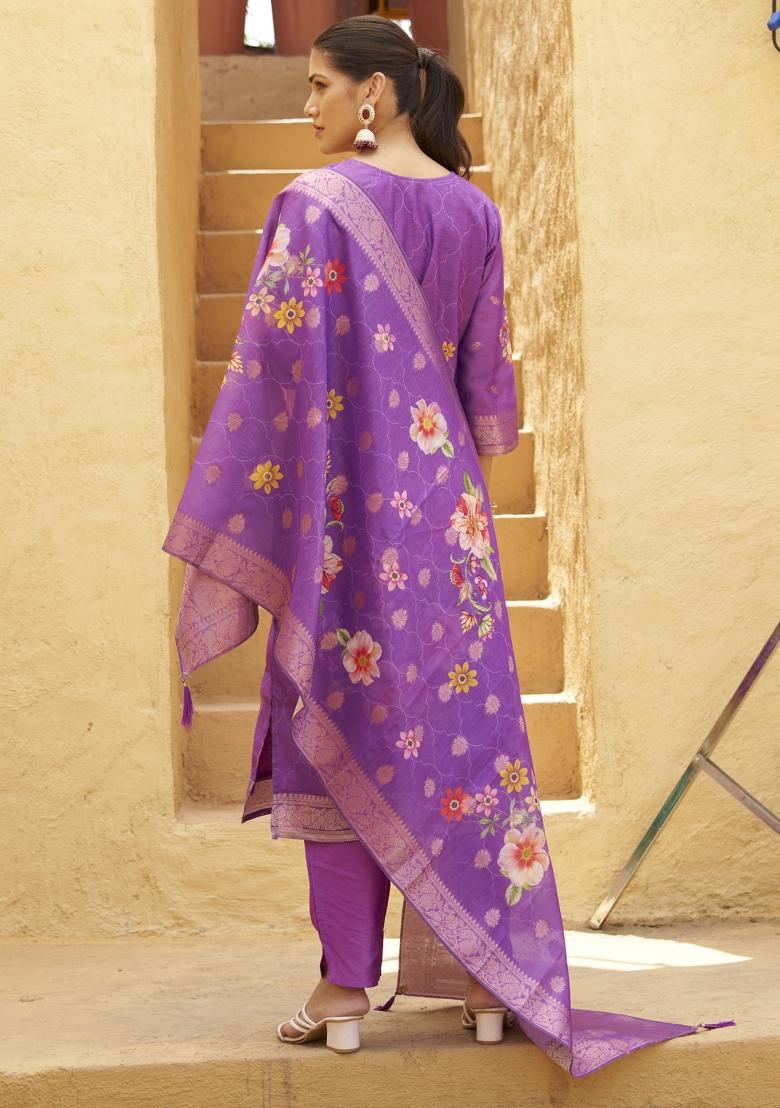 Purple Embroidery Silk Kurta Set - Indya