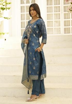 Teal Embroidery Silk Kurta Set