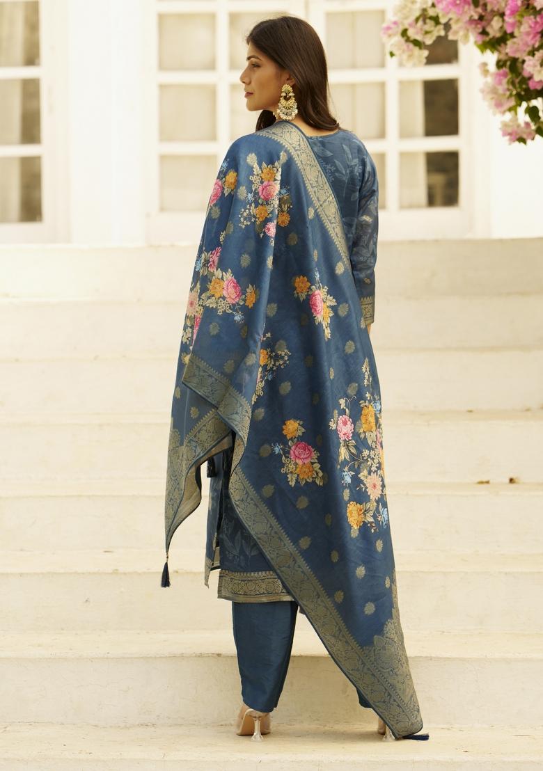 Teal Embroidery Silk Kurta Set - Indya