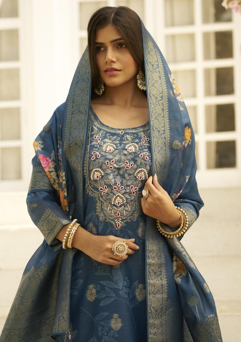 Teal Embroidery Silk Kurta Set - Indya