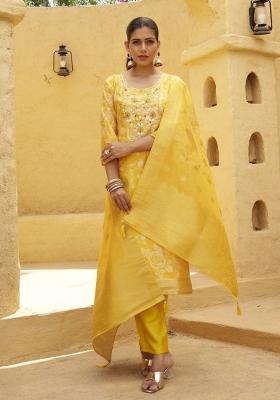 Yellow Embroidery Silk Kurta Set