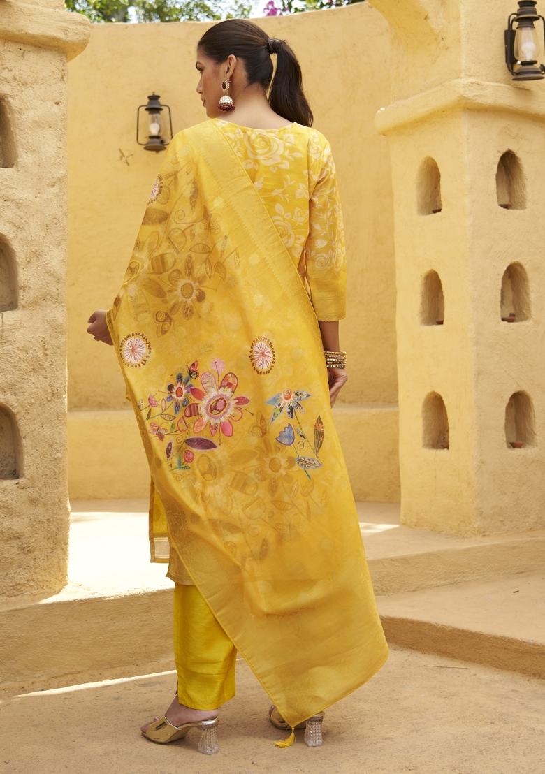 Yellow Embroidery Silk Kurta Set - Indya