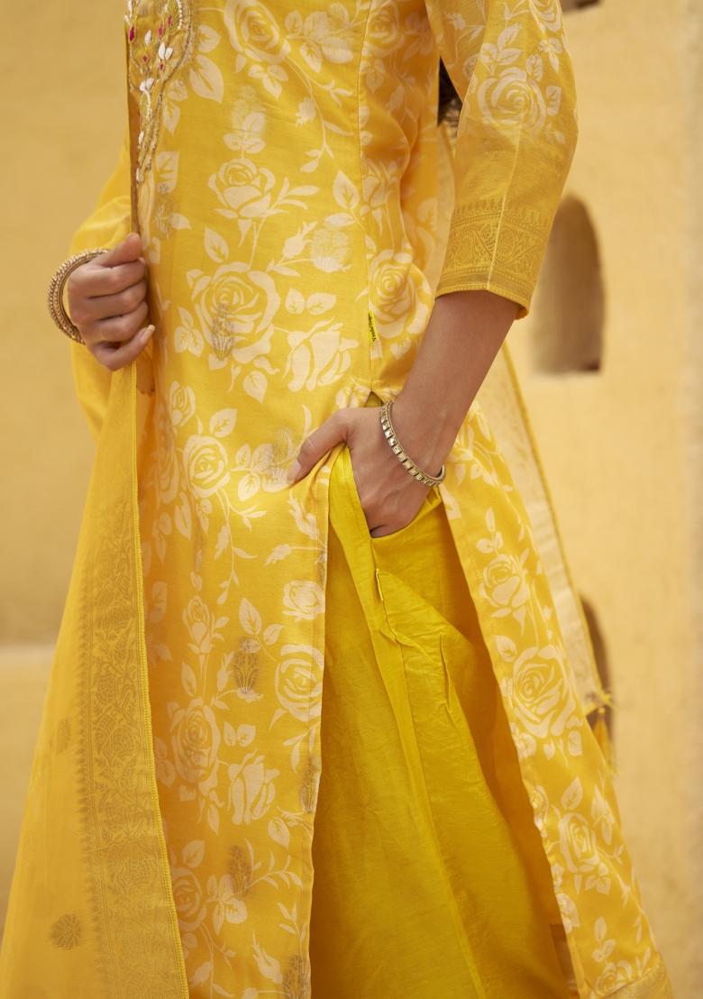 Yellow Embroidery Silk Kurta Set - Indya