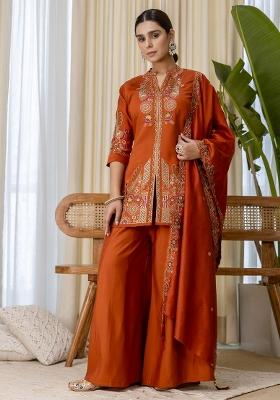 Rust Embroidery Silk Kurta Set
