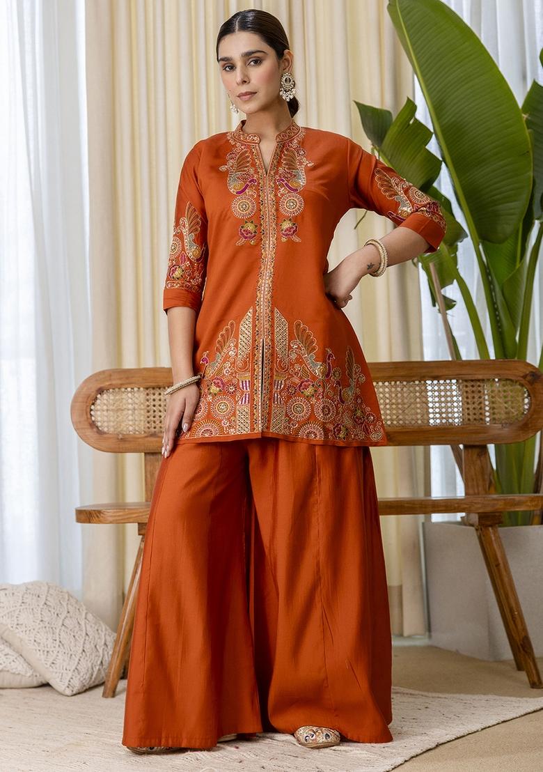Rust Embroidery Silk Kurta Set - Indya