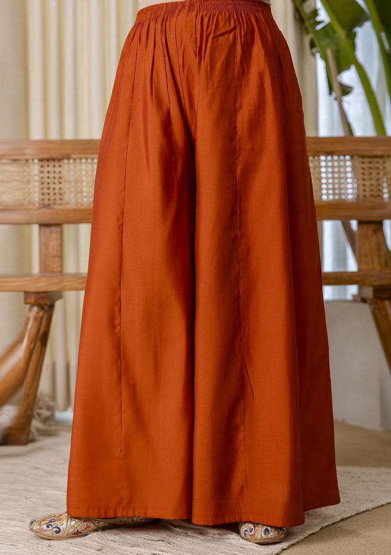 Rust Embroidery Silk Kurta Set - Indya