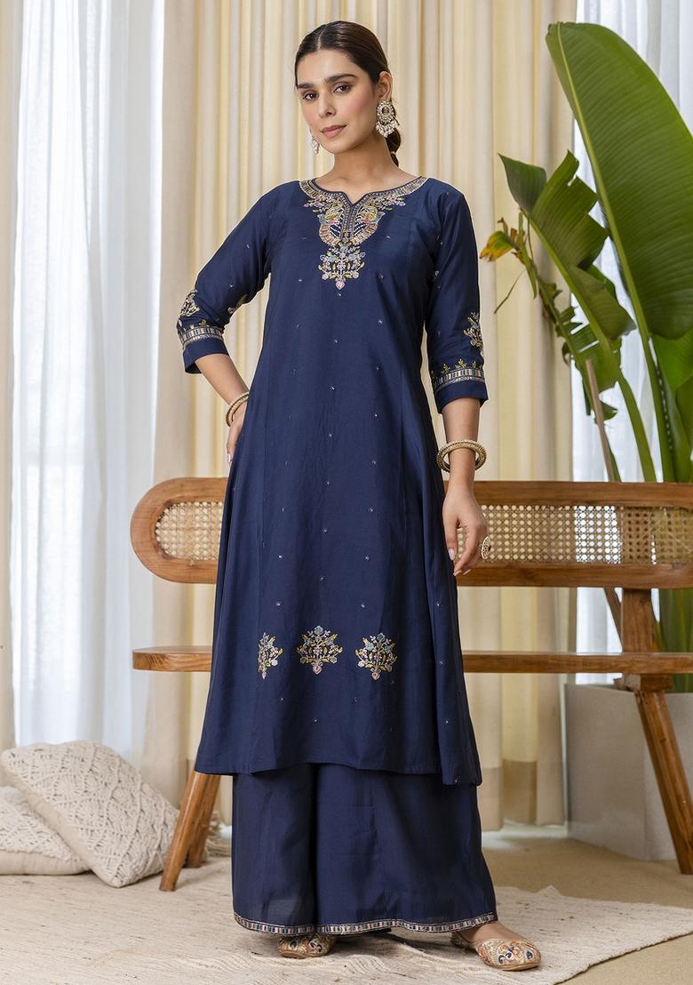 Blue Embroidery Silk Kurta Set - Indya