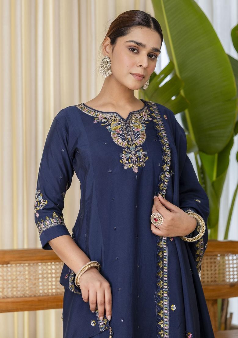 Blue Embroidery Silk Kurta Set - Indya