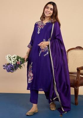Purple Embroidery Silk Kurta Set