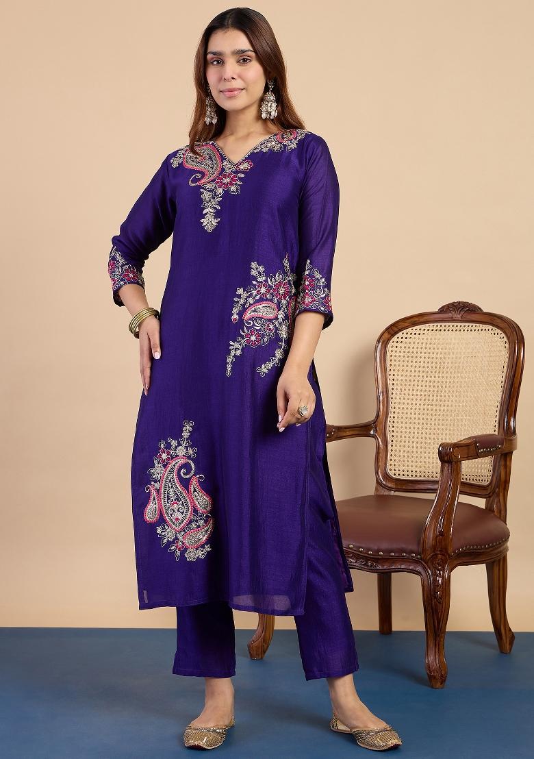 Purple Embroidery Silk Kurta Set - Indya