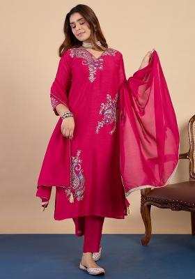 Rani Pink Embroidery Silk Kurta Set