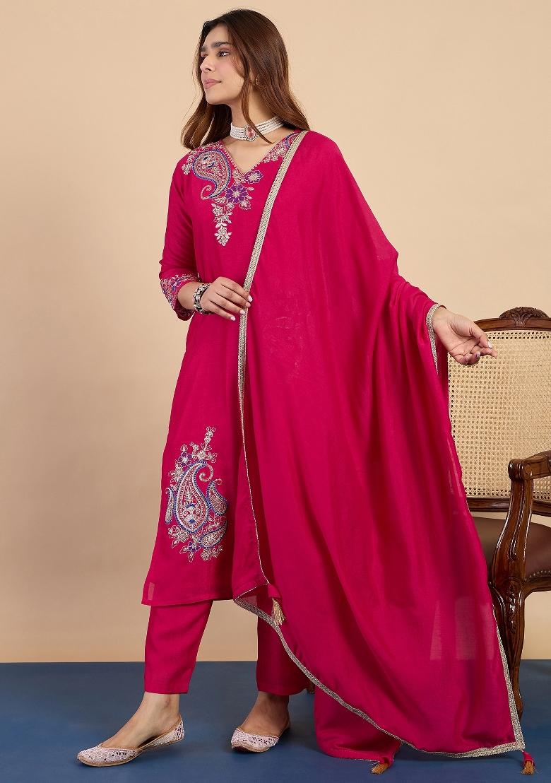 Rani Pink Embroidery Silk Kurta Set - Indya