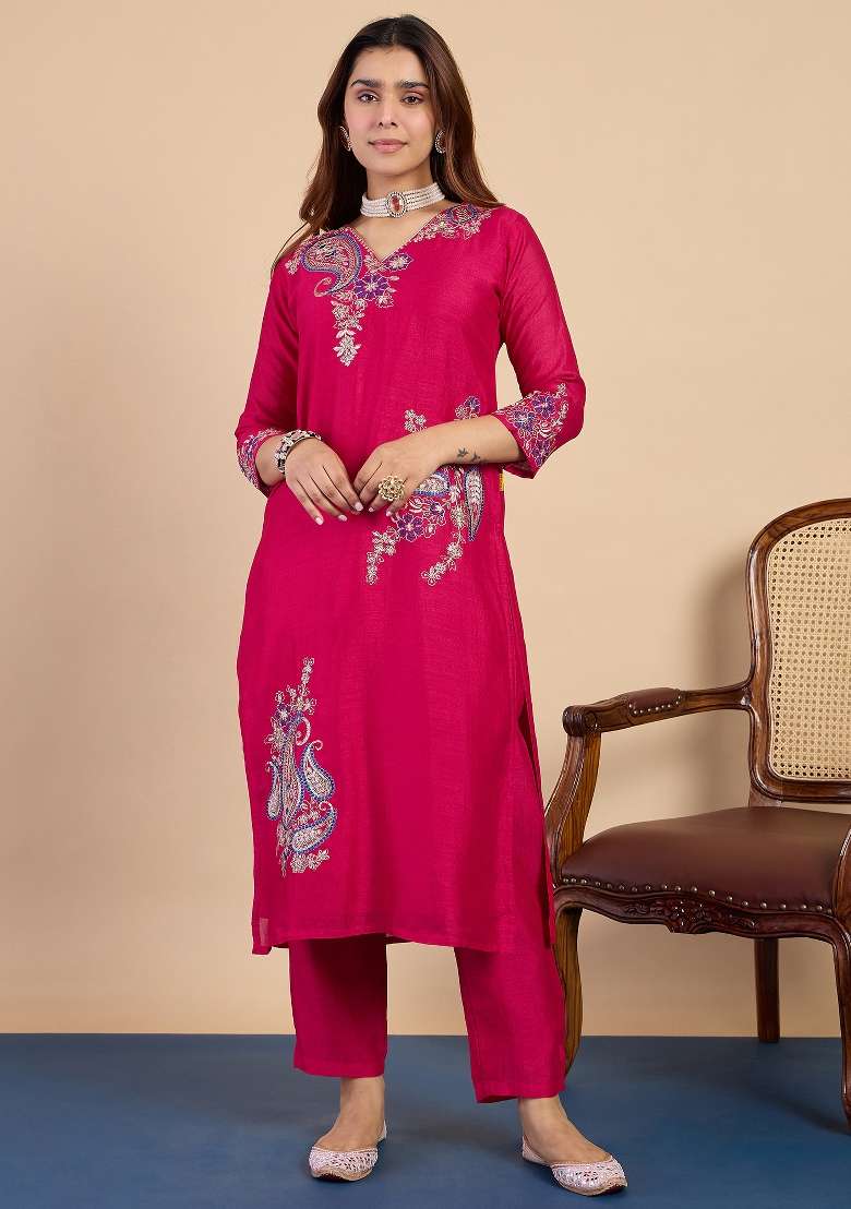 Rani Pink Embroidery Silk Kurta Set - Indya