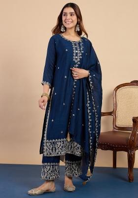 Blue Embroidery Silk Kurta Set